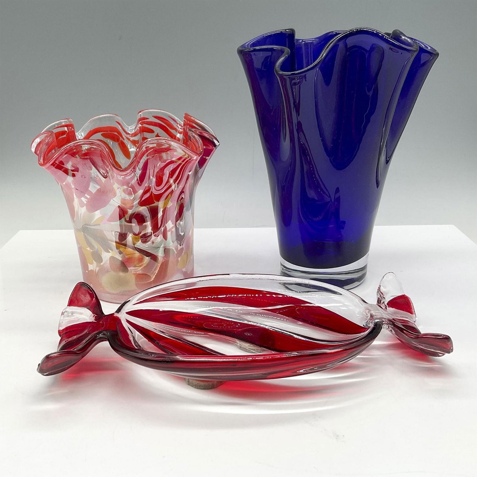 3pc Mixed Colorful Art Glass Vases and Dish (1 of 3)
