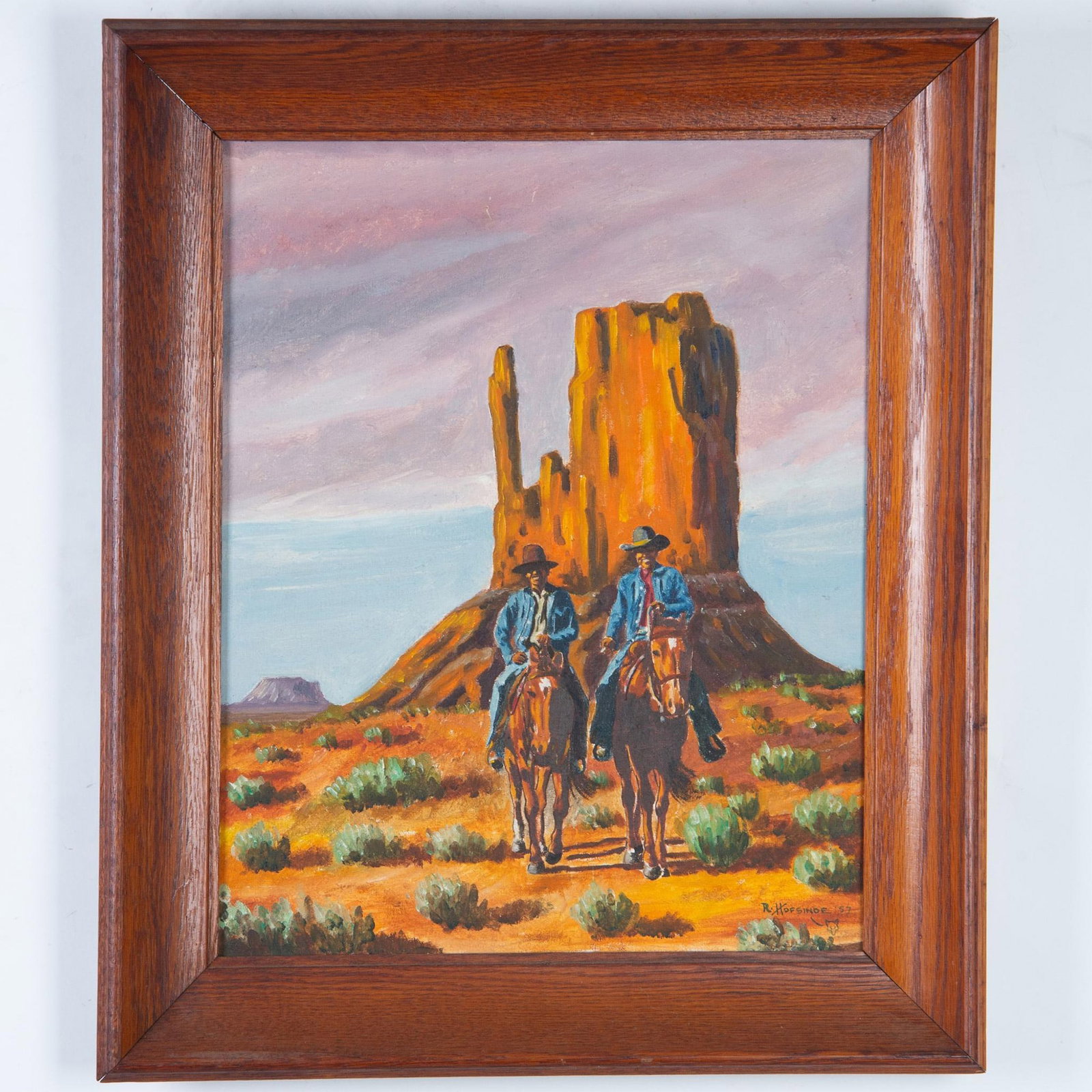 Robert Hofsinde, Original Western Oil on Canvas, Signed: Late Afternoon is a rarely offered original oil on canvas by Robert Hofsinde (Gray-Wolf) who authored and illustrated more than fifteen books on American Indian culture. This outstanding painting depi