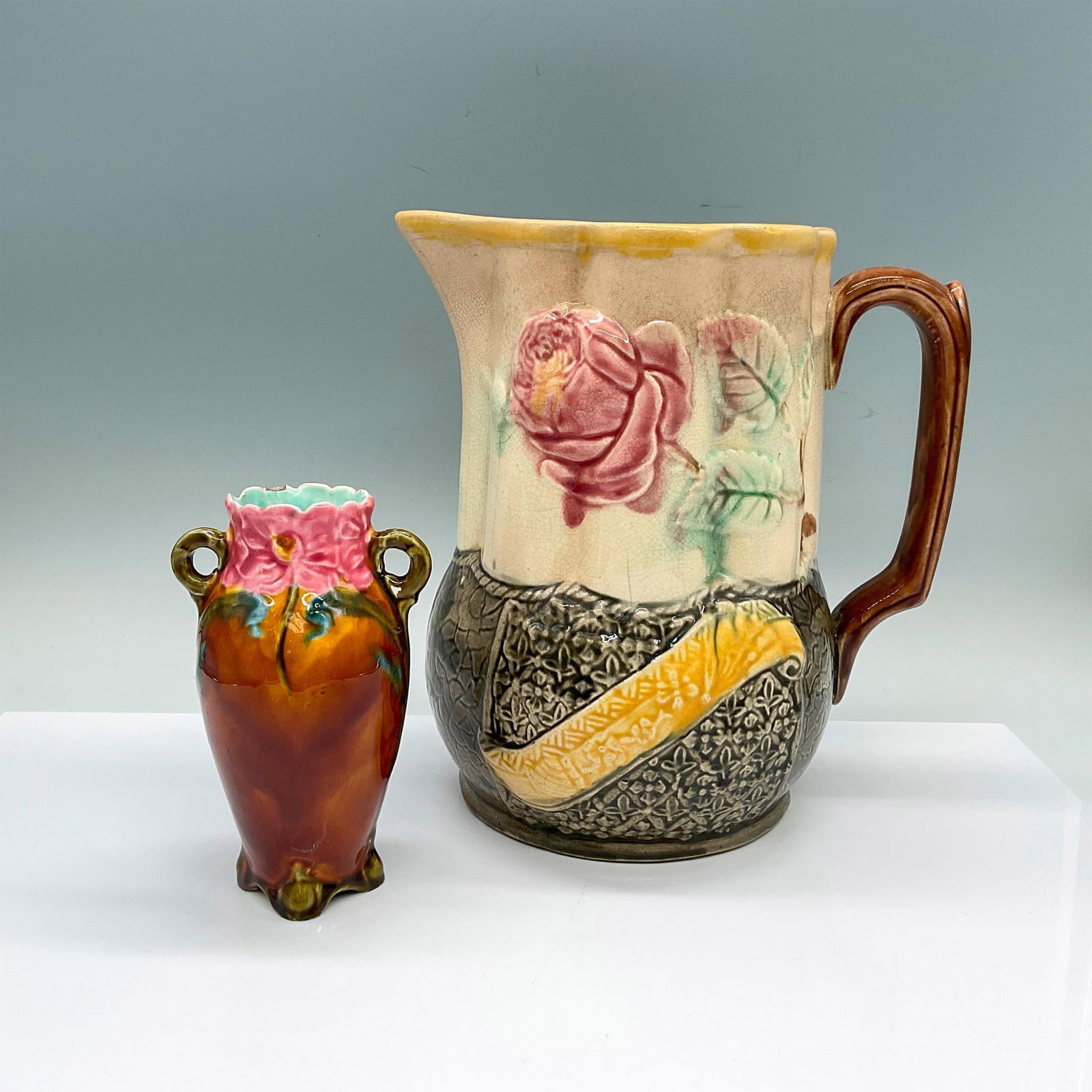 2pc European Majolica Pottery Floral Vase and Jug (1 of 5)