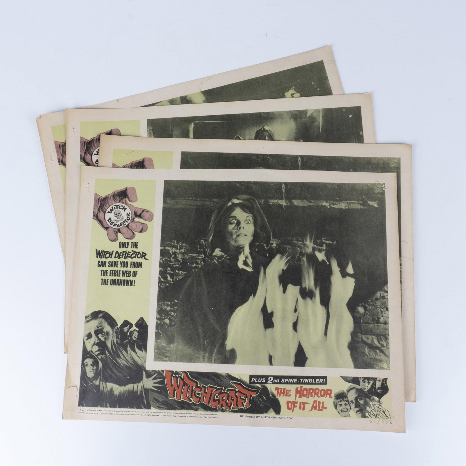 4pc Witchcraft Vintage Movie Lobby Cards: Witchcraft is a 1964 British horror film directed by Don Sharp and starring Lon Chaney Jr, Jack Hedley, and Jill Dixon. Of the 4 cards, 2 are the same image of the burning of a witch. Issued: 1964 Dim