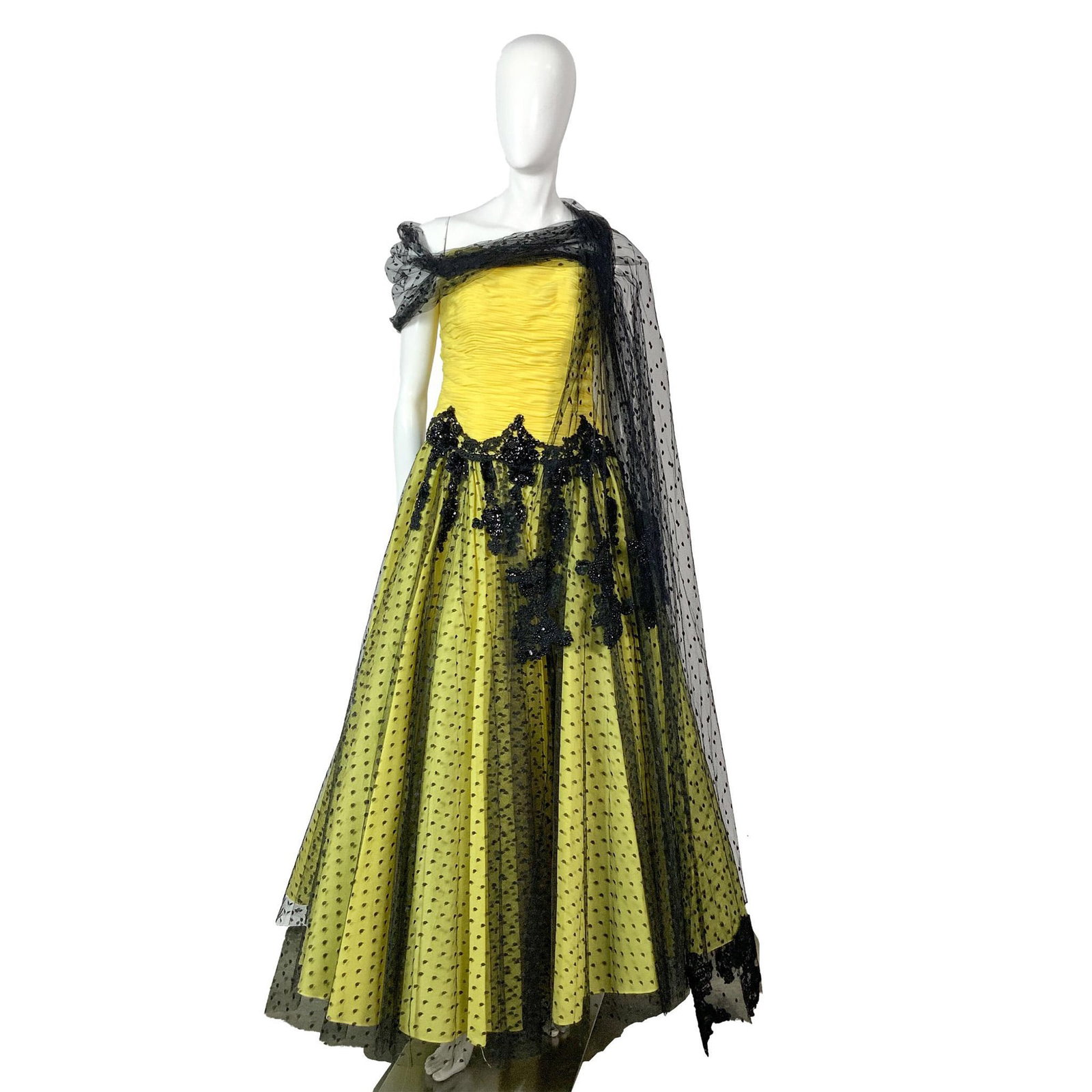 Kris Cole Black & Yellow Tulle Sleeveless Ball Gown w/ Shawl: Gorgeous original Kris Cole black tulle and yellow fabric sleeveless ball gown with a black tulle shawl. Includes a pleated bodice, and black tulle embroidered with sequins and beads below the waist l