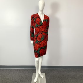 Original Valentino Boutique Red Roses Silk Cocktail Dress