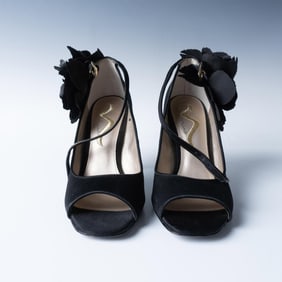 Nina Ricci Black Satin Ankle Strap Heels, Size 9M