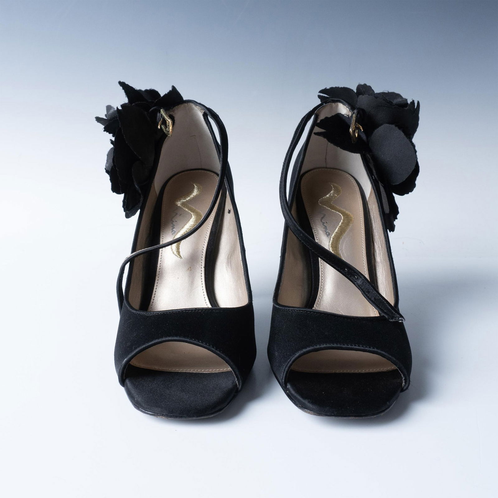 Nina Ricci Black Satin Ankle Strap Heels, Size 9M (1 of 7)