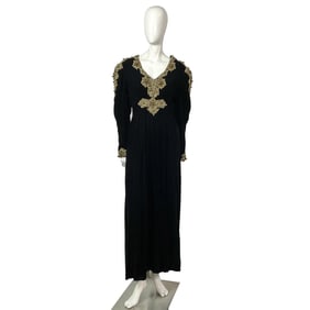 Oscar De La Renta Black Velvet Gold Beading Evening Dress