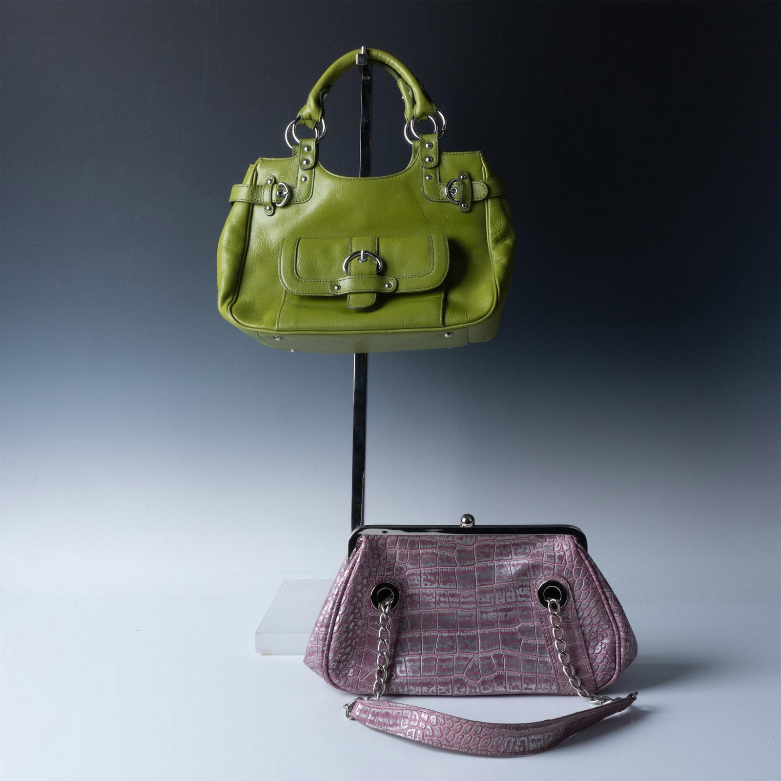 2pc Nordstrom Leather + Nine West Faux Alligator Handbags: Apple Green leather adorned with metal grommets and buckles, front snap pocket, 2 handles and top snap closure opens to striped fabric interior with pockets (12"L x 5"W x 8"H) - Nordstrom Genuine Leat