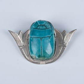 Egyptian Revival Carved Blue Scarab Silver Pendant Brooch Pin