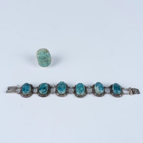2pc Egyptian Blue Faience Scarabs Silver Bracelet & Ring