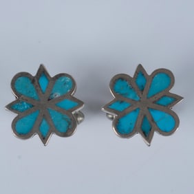 Pair of Silver and Turquoise Inlaid Cufflinks