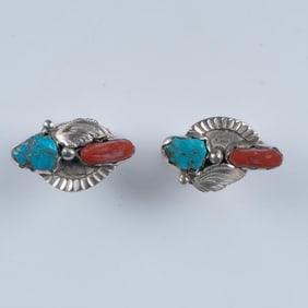 Pair of Native American Sterling Turquoise & Coral Cufflinks