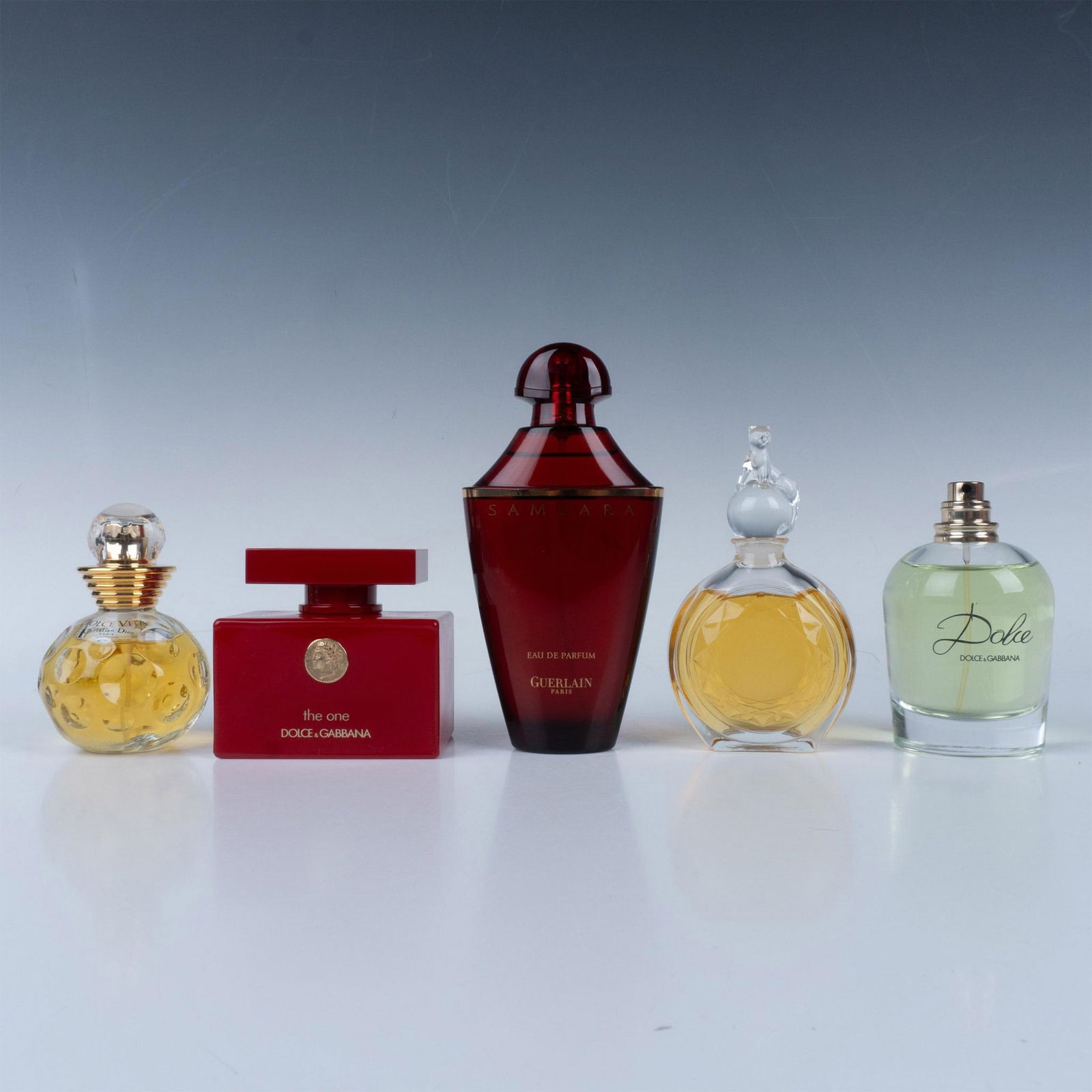 5pc Perfume Bottles, Cartier, Dolce and Gabbana, and More: This collection includes Panthere Cartier, Dolce and Gabbana The One Red edition, Dolce and Gabbana, Guerlain, and Christian Dior Dolce Vita. Each comes with original box. The widest box: 4"L x 2"W x