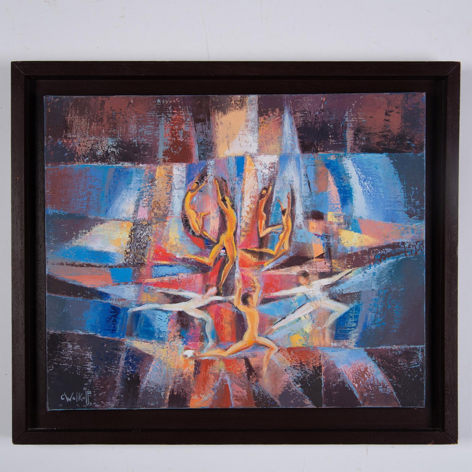 C. Wolkoff, Original on Canvas Painting, Signed: An exquisite oil painting on canvas depicting figures dancing with blocks of colors in the background. Artist signature on lower left: C Wolkoff. Housed in a wooden frame. Artwork dimensions: 18"L x 0