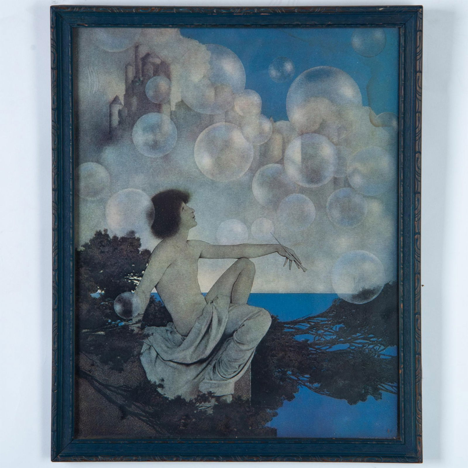 Maxfield Parrish, Framed Antique Print on Paper, Air Castles: Air Castles is a beautifully colored antique print on paper after American Golden Age artist Maxfield Parrish's 1904 original. Housed in an indigo blue carved wood frame. Sight size: 11.50"L x 14.50"H