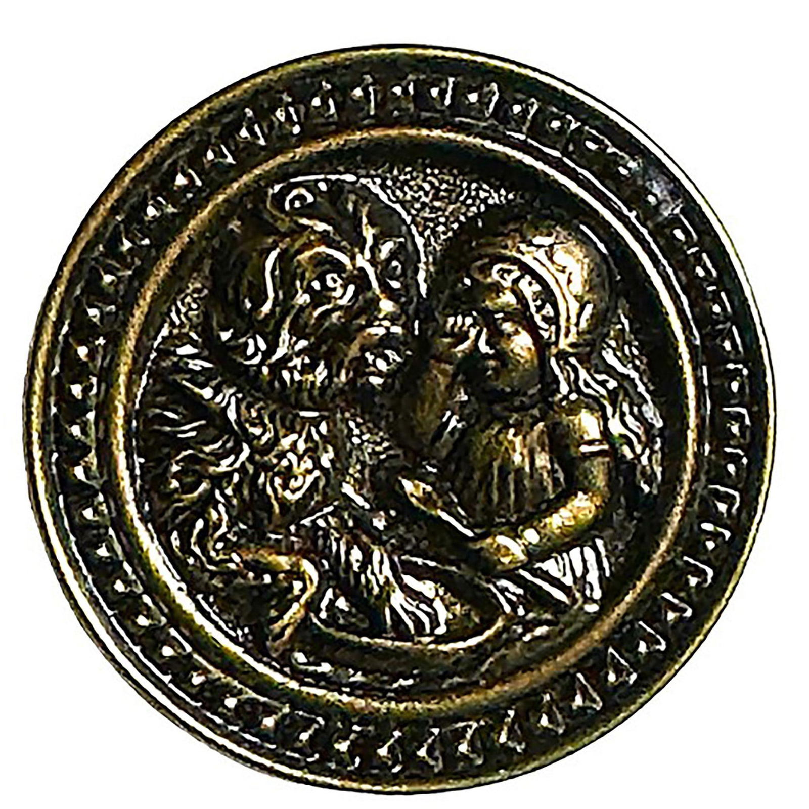 A division one children's pictorial button: 1 Large 19th century button known as "Stolen Porridge". This scarce picture button of brass depicts a little girl crying because her pet has stolen her porridge. Very detailed button even down to the