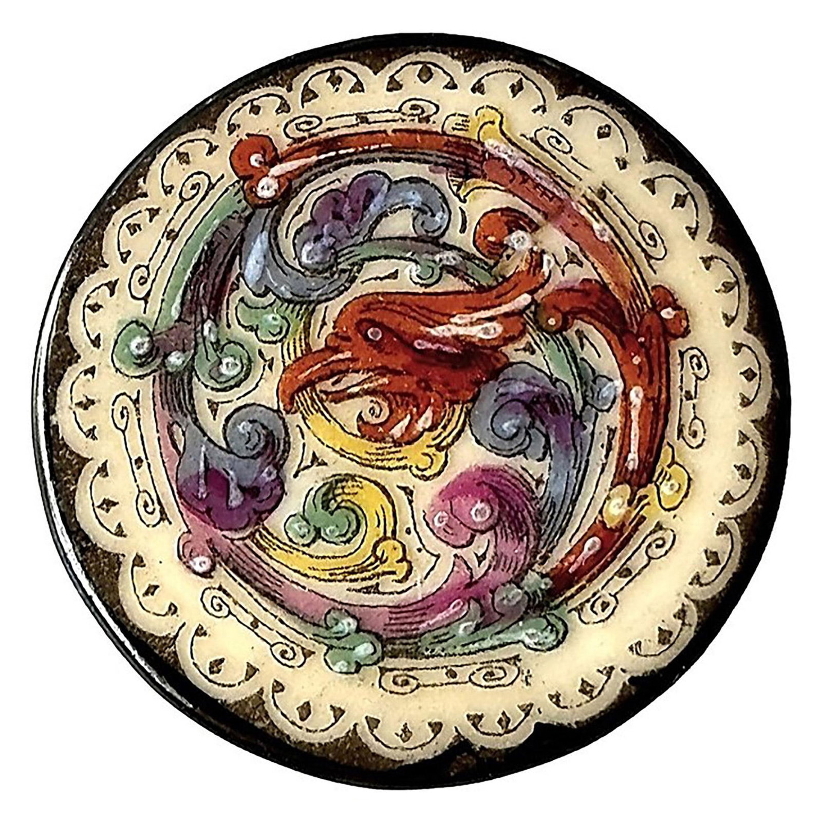A division one colored porcelain pictorial button: 1 Large late 19th century coiled dragon button. Here is a wonderful porcelain button with a fabulous animal transfer and hand colored design. The use of multiple colors make this example a fascinating