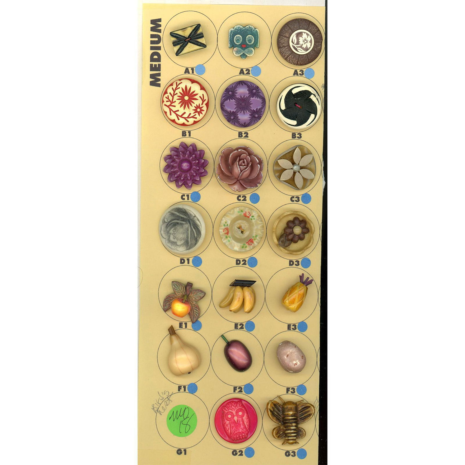 A partial card of division three celluloid buttons (1 of 4)