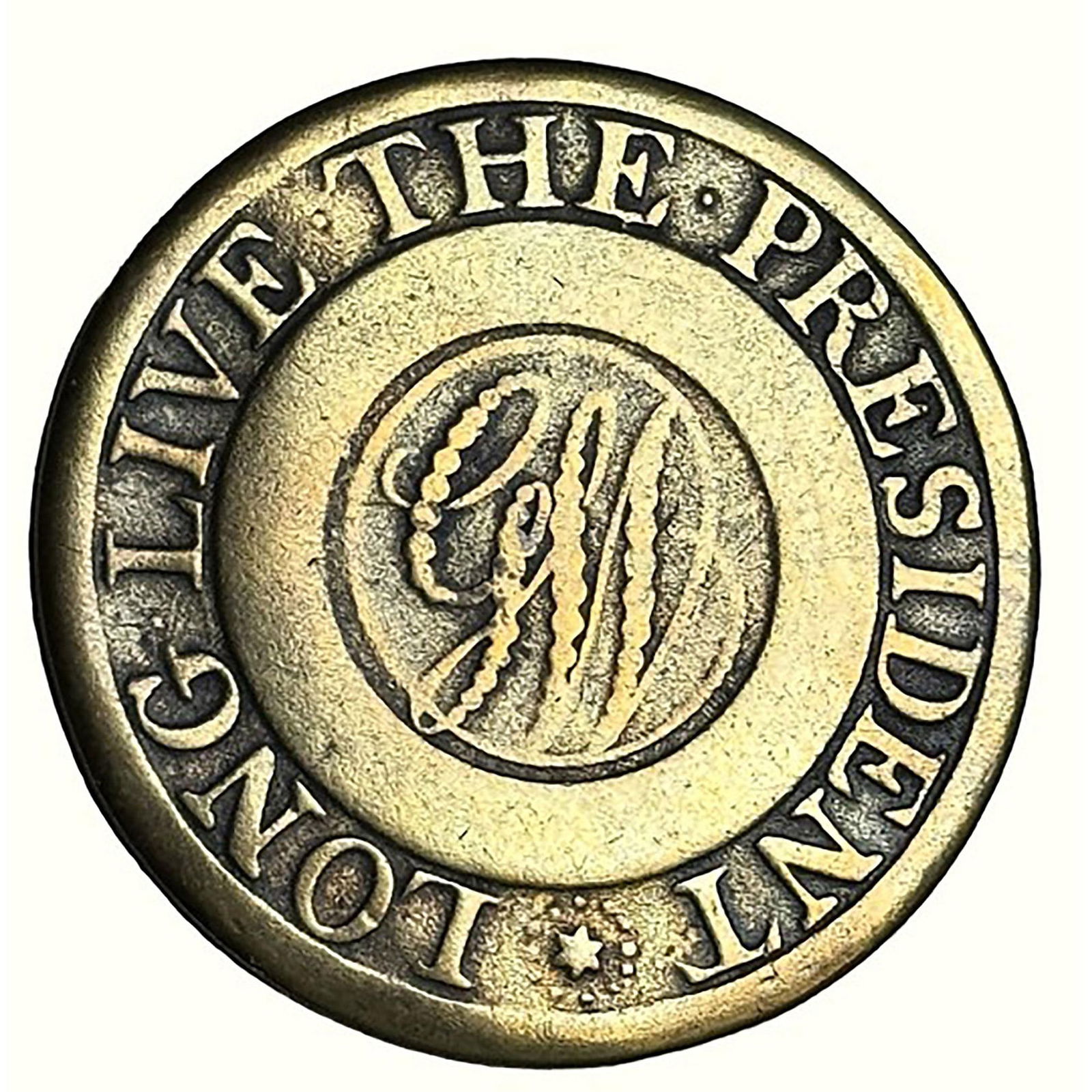 A div.1 very rare Political George Washington Button: 1 Large 18th century GW inaugural button in a rare design. This authentic button from the time of George Washington's inaugural was purchased in the 1960's by the then President of the National Button