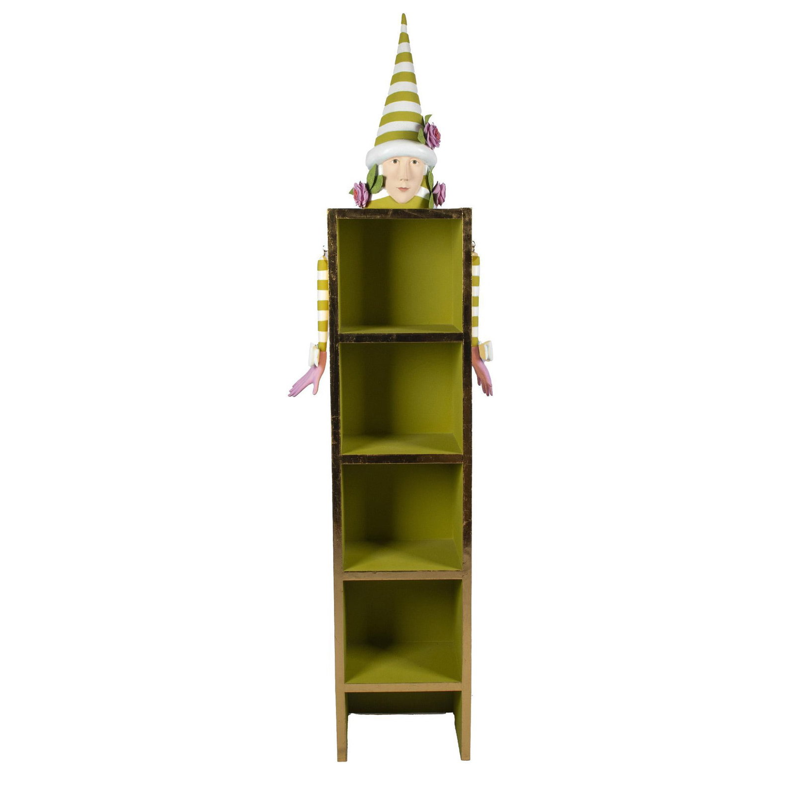 Patience Brewster Ella Elf Standing Display Shelf: Truly unique piece for any home with Ella bust sitting atop a 4-shelf display cabinet colored in lime green with gold toned exterior. Her arms hang on each side of cabinet. Artist: Patience Brewster I