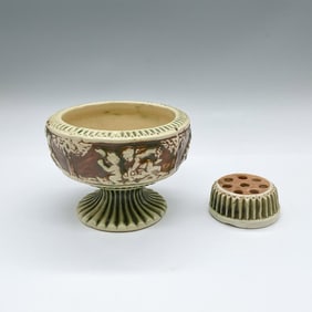 2pc Roseville Pottery Footed Bowl with Frog, Donatello