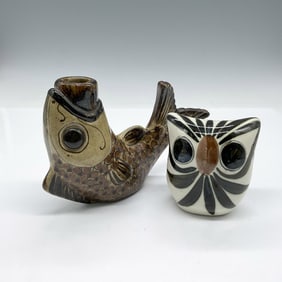 2pc Vintage Mexican Hand-Crafted Stoneware Decor, Owl & Fish