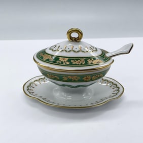 Richard Ginori Pincio Green Oval Lidded Mustard Pot & Spoon