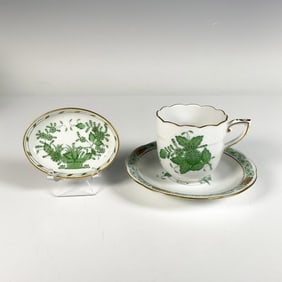 3pc Herend Apponyi Green Coffee Cup, Saucer & Small Dish