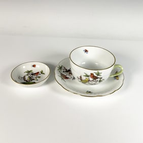 3pc Herend Porcelain Bird Teacup, Saucer, and Small Dish