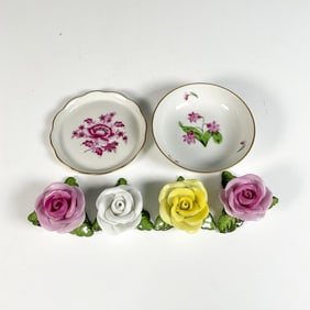 6pc Herend Porcelain Flower Figurines and Small Dishes