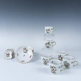 18pc Herend Rothschild Bird Cups, Saucers, and Square Dishes