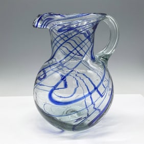 Hand Blown Cobalt Blue Swirl Glass Pitcher