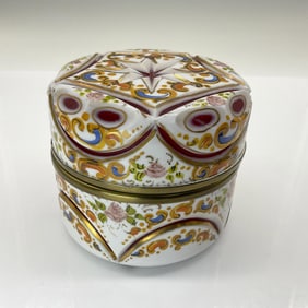 Antique Rare Overlay Cut Bohemian Glass Lidded Powder Box