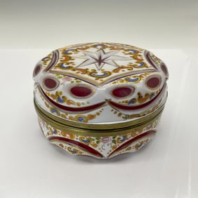 Antique Overlay Cut Bohemian Glass Lidded Powder Box