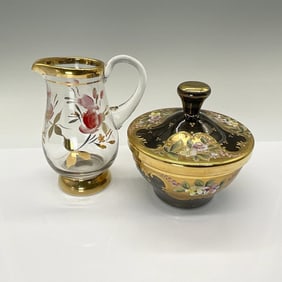 2pc Italian Painted Glass Small Pitcher and Covered Dish