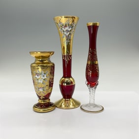 3pc Czech / Bohemian Painted Ruby Glass Vases