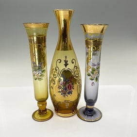 3pc Czech / Bohemian Painted Glass Vase Trio