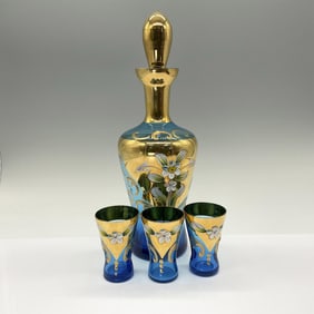 5pc Czechoslovakian Painted Glass Decanter & Cordial Set