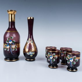 6pc Italian Painted Glass Vase & Cordial Set with 4 Glasses