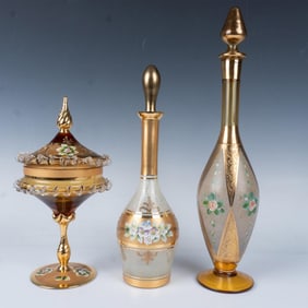 6pc Czechoslovakian Glass Decanters and Candy Dish