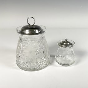 2pc Floral Etched Crystal and Sterling Silver Containers