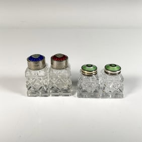 4pc Crystal and Enameled Silver Metal Salt & Pepper Shakers