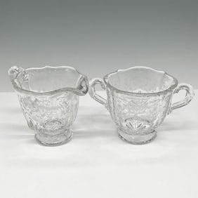 2pc Vintage Etched Glass Sugar Bowl + Creamer Jug