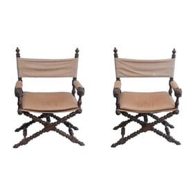 2pc Regency and Campaign Style Carved Lion Chairs