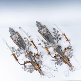 Pair of Antique Gilt Mirror & Rock Crystal Two-Light Sconces