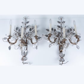 Pair of Antique Gilt & Rock Crystal Three-Light Sconces