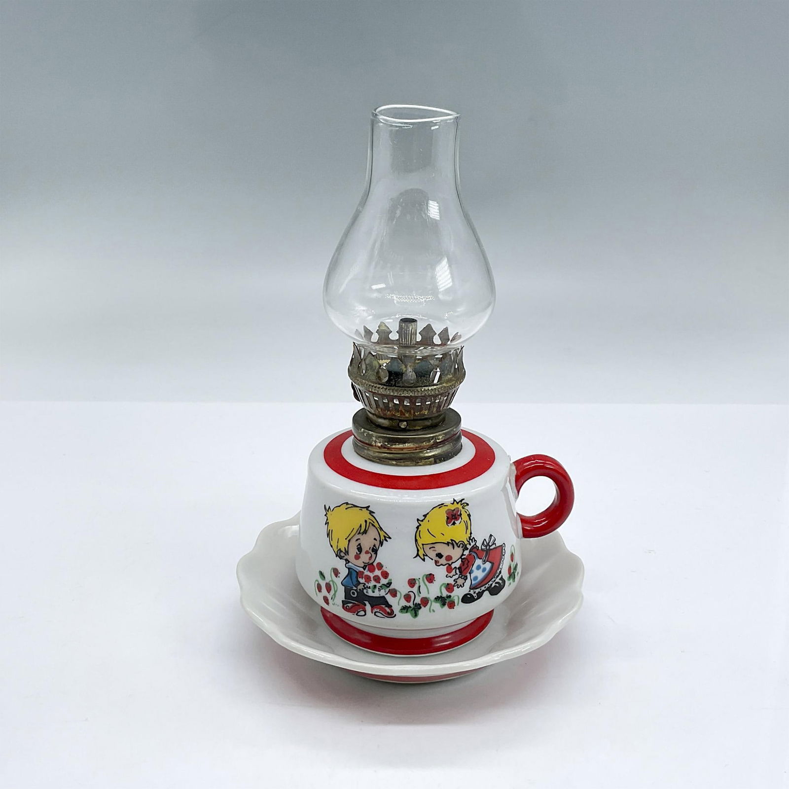 Petite Porcelain/Glass Child's Oil Lamp, Boy and Girl (1 of 3)