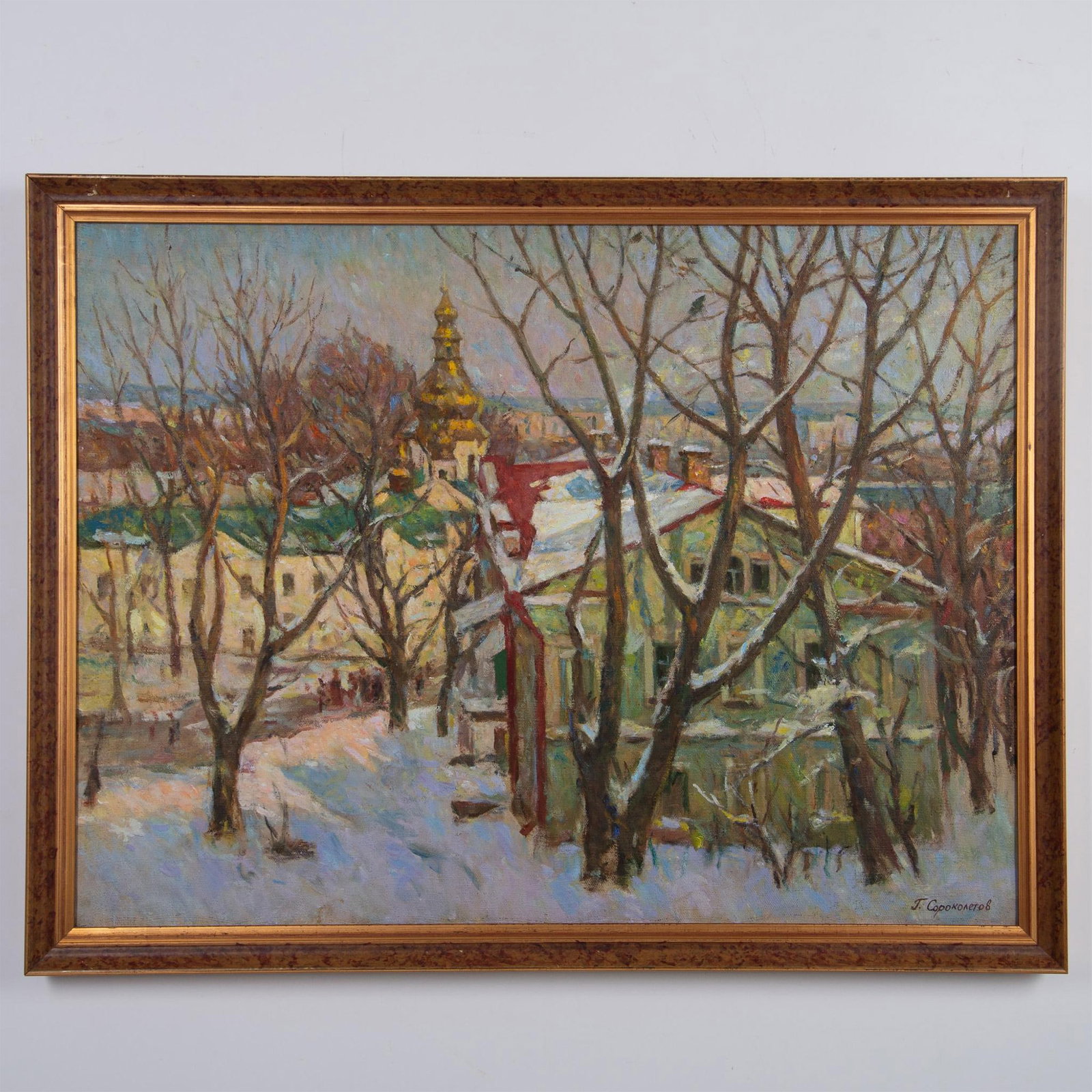 Gavriil Sorokoletov, Original Oil on Canvas, Lavra Winter, Signed: Splendid large original oil on canvas entitled The Lavra Winter by Ukrainian Expressionist Realist Gavriil Sorokoletov. Signature on lower right: G. Sorokoletov. Artwork dimensions: 31"L x 23"H. Frame