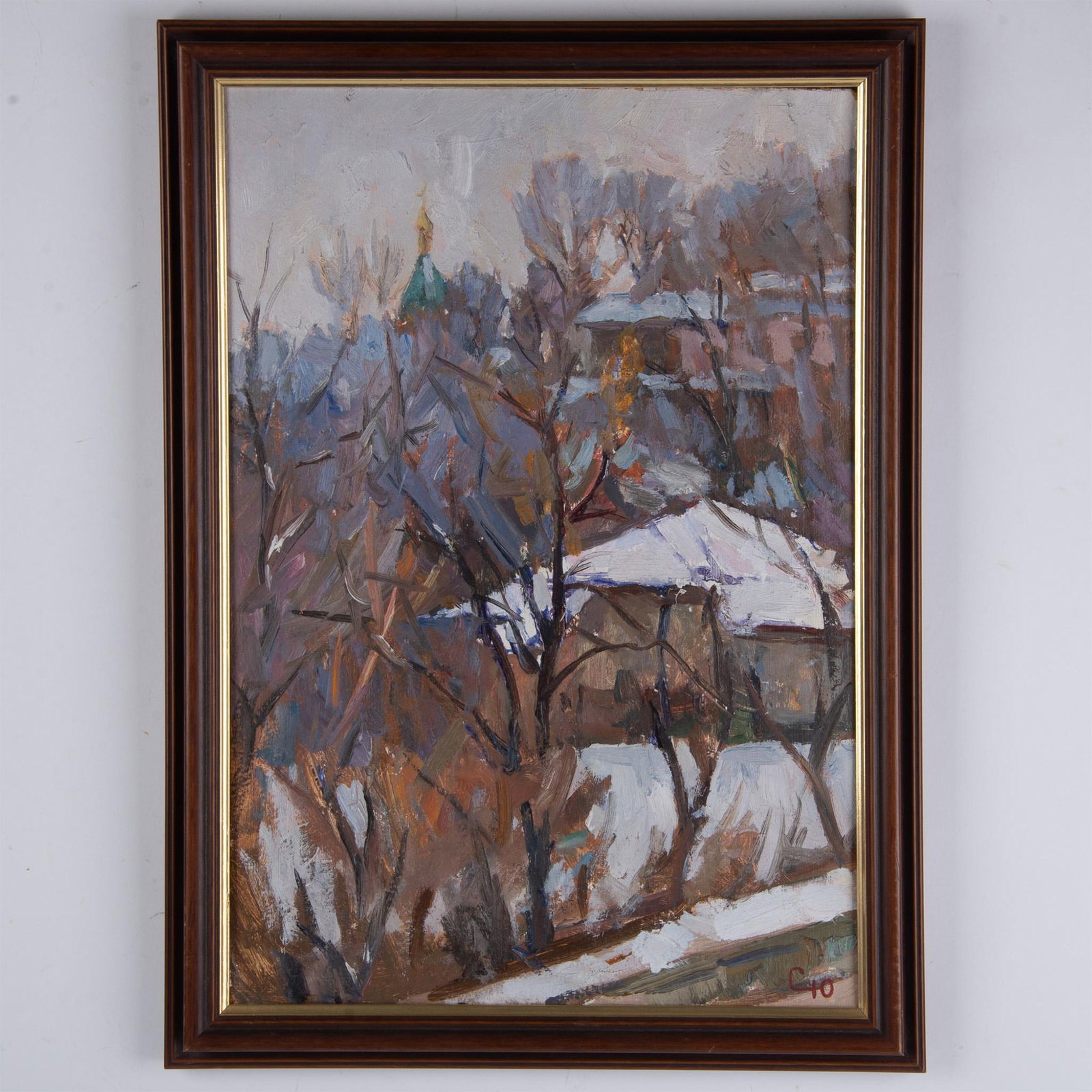 Yuri Sorokoletov, Original Oil on Board, Lavra Winter, Signed: Original oil on board entitled The Lavra Winter by Ukrainian painter Yuri Sorokoletov who studied at Shevchenko Republican Art School in Kiev. Sorokoletov paints in an expressive Realist style snow co