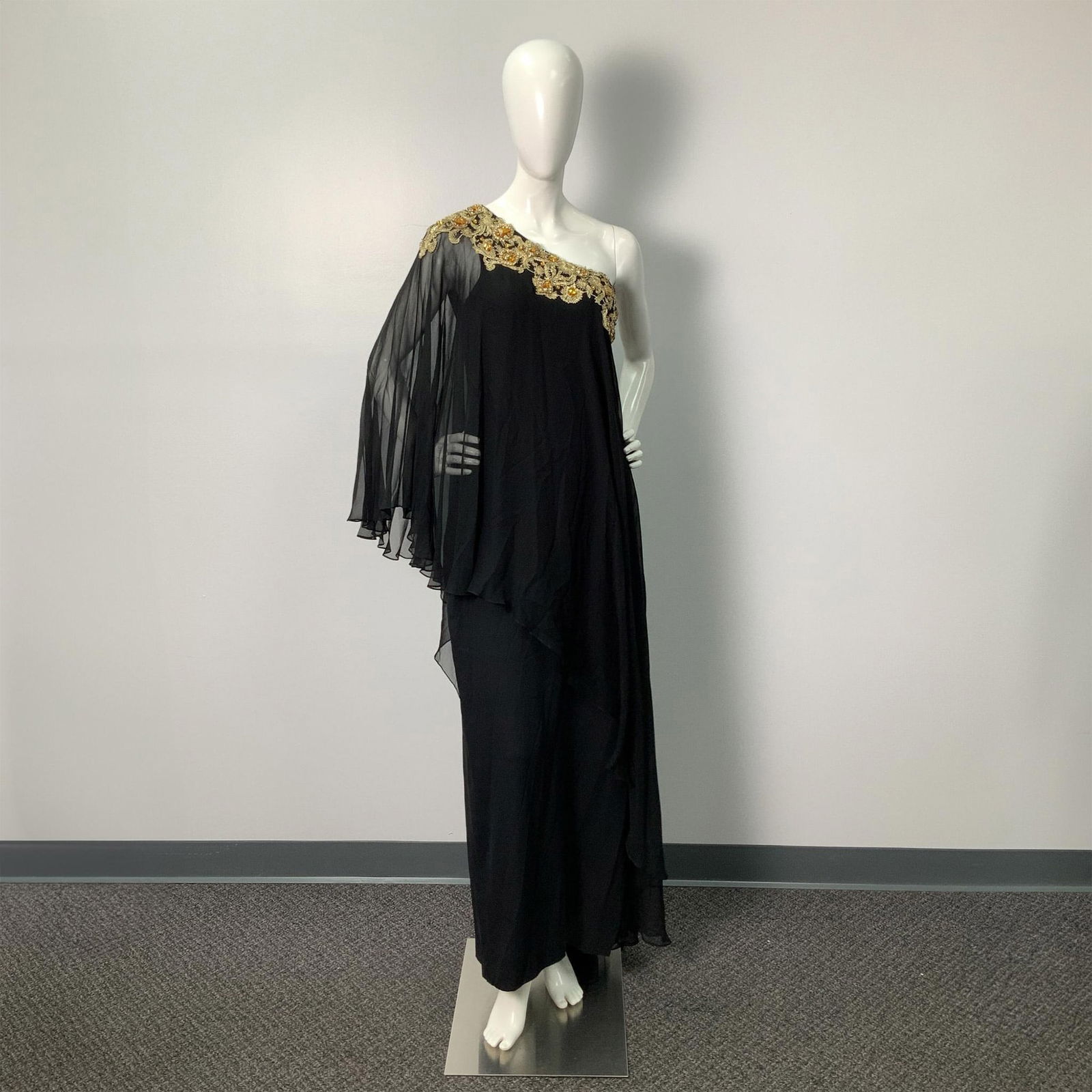 Marchesa Black Silk Gold Embroidered One Shoulder Dress (1 of 11)
