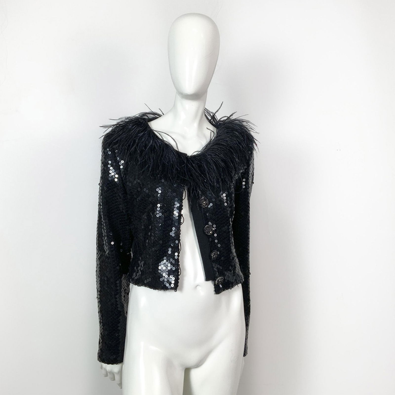 Gemma Kahng Black Sequin and Ostrich Feather Cropped Jacket (1 of 9)