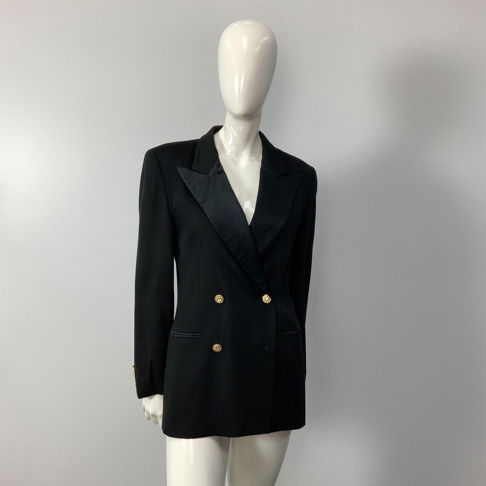 Original Escada Couture Black Double-Breasted Evening Blazer: Gorgeous original Escada Couture black evening double-breasted cashmere blazer with pointed silk collar, four front gold studded buttons and four on each sleeve vent. Label; Escada Couture. Sleeve len